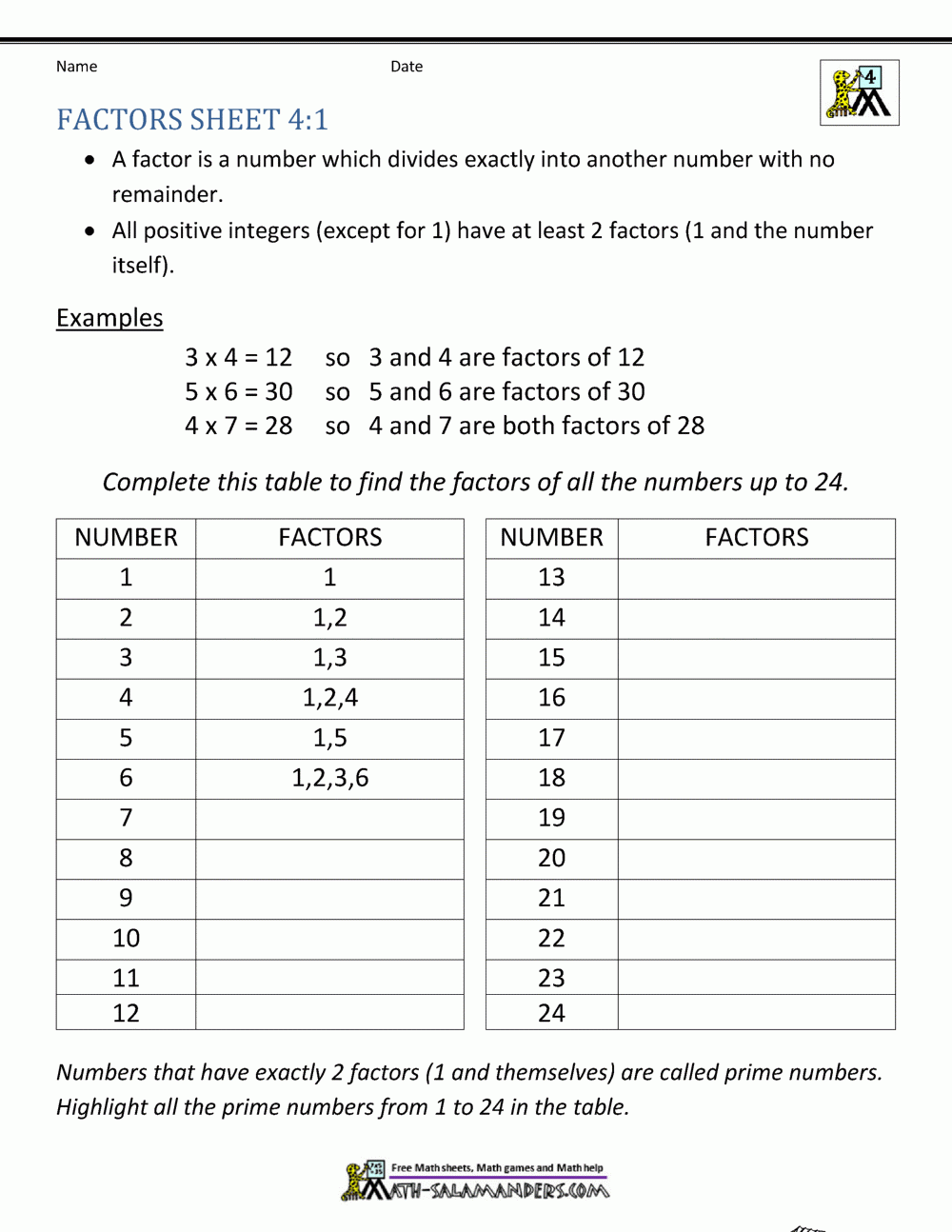 24 Factors Worksheet Grade 4 Support Worksheet