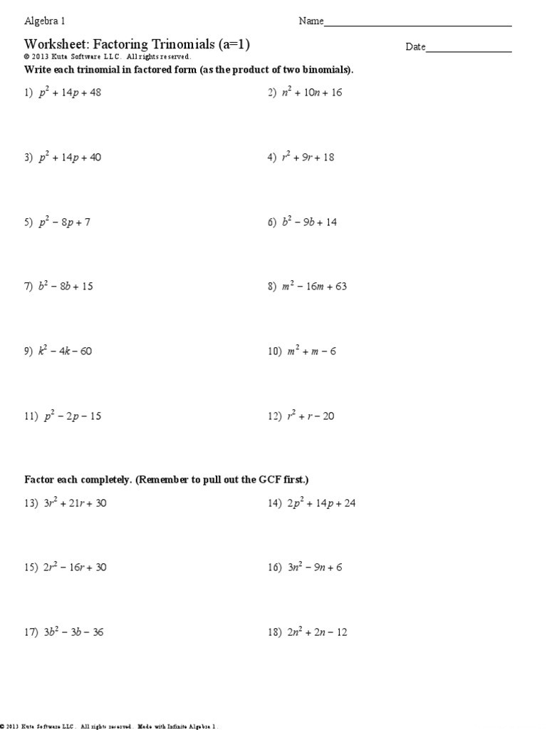 30 Factoring Trinomials A 1 Worksheet Education Template