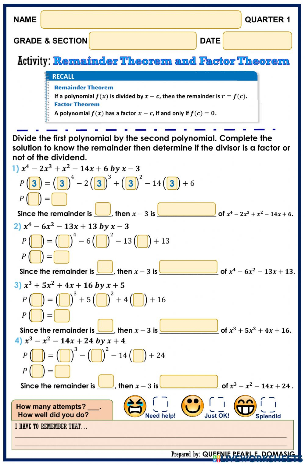 42 The Remainder And Factor Theorems Worksheet Answers Worksheet Database