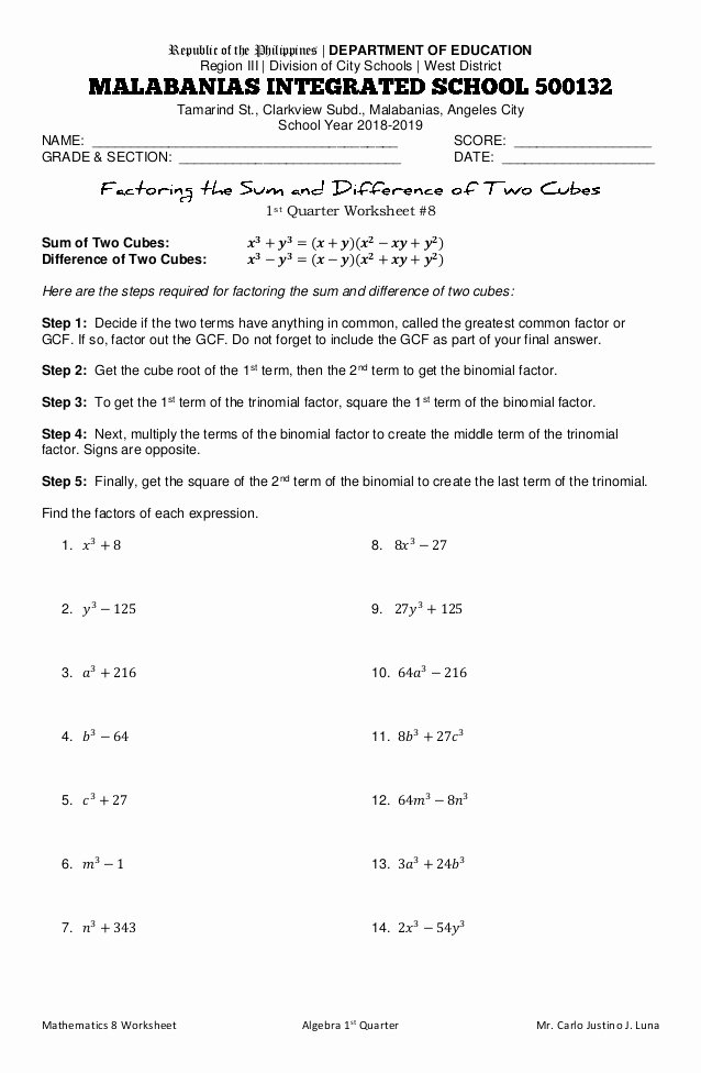 50 Factoring Difference Of Squares Worksheet Chessmuseum Template Library