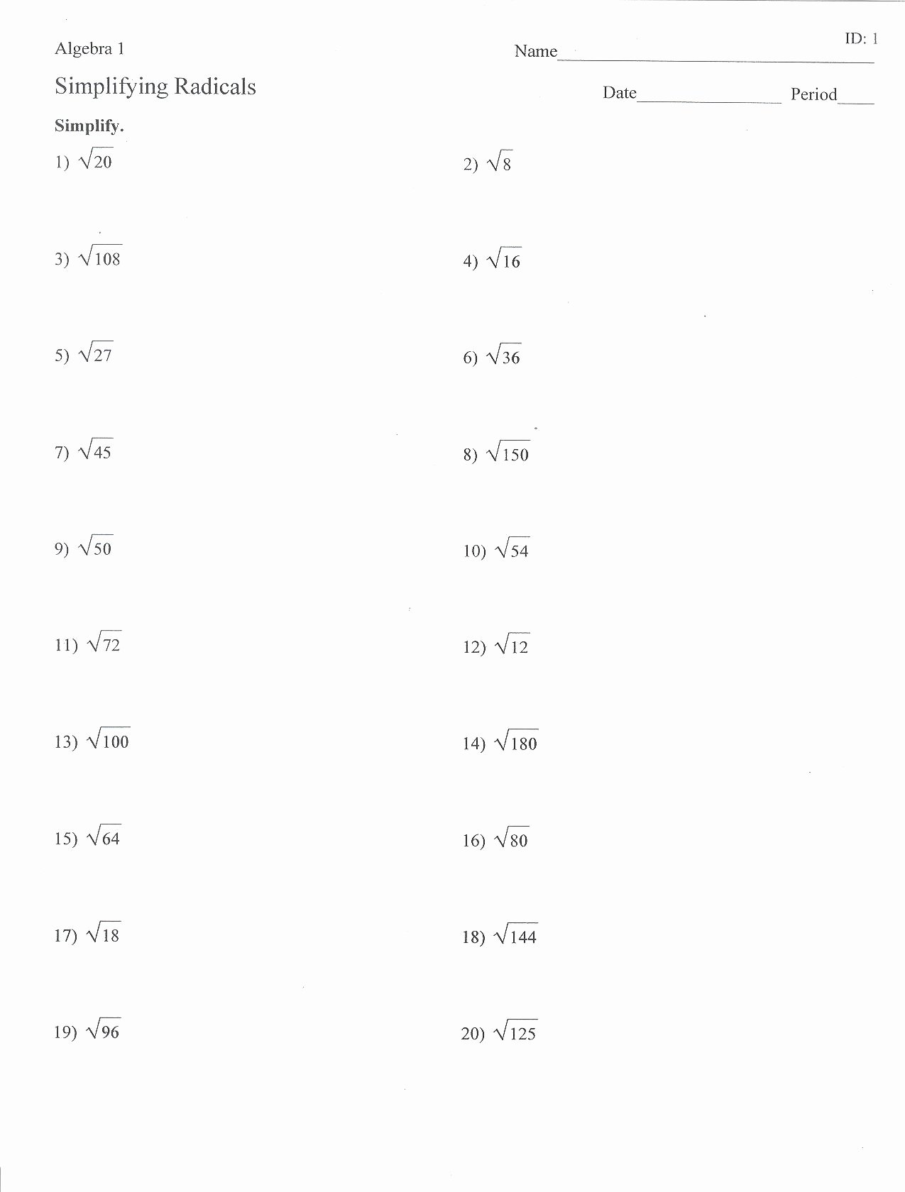 50 Simplifying Radicals Worksheet 1 Chessmuseum Template Library