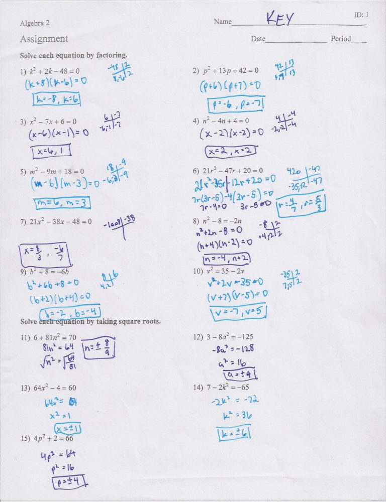 Algebra 2 Solving Quadratic Equations By Factoring Worksheet Answers 