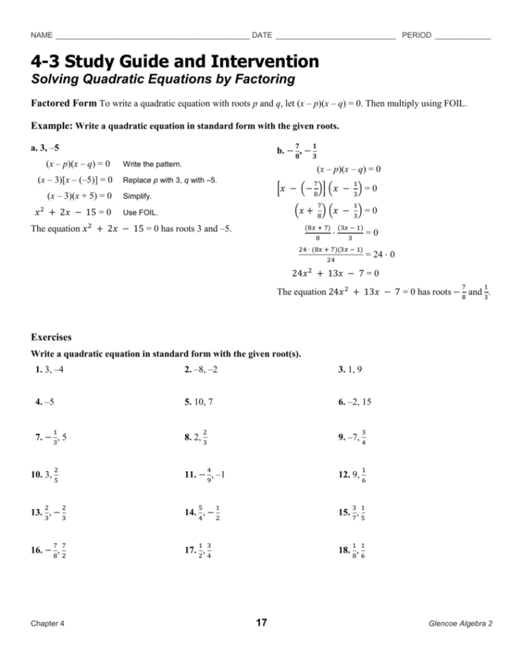 Algebra 2 Solving Quadratic Equations By Factoring Worksheet Answers