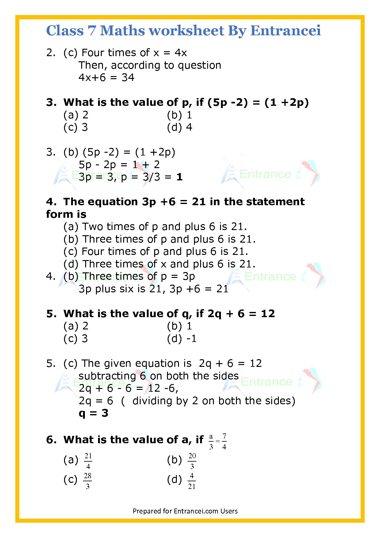 Cbse Class 7 Maths Worksheet For Chapter 4 Simple Equations Highest