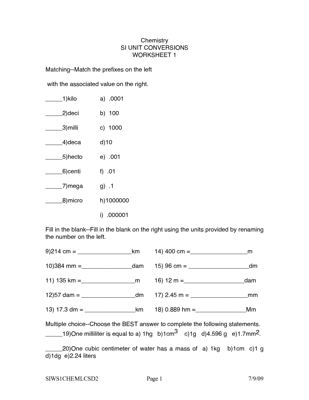 Chemistry Conversion Problems Worksheet Answers Chemistryworksheet