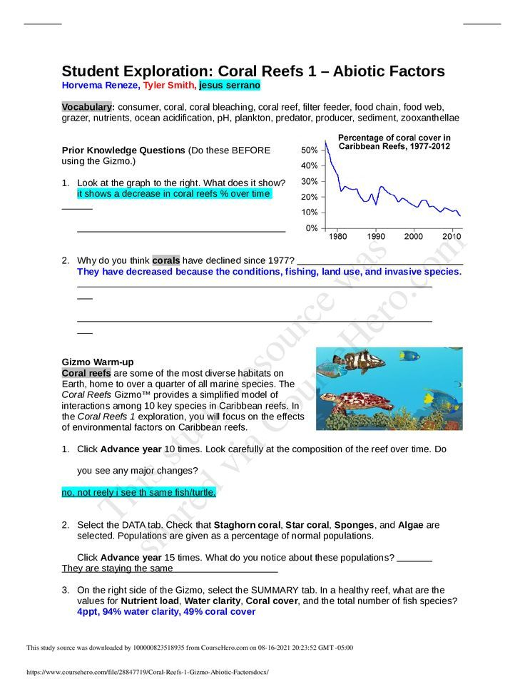 Coral Reefs 1 Gizmo Abiotic Factors ALL ANSWERS CORRECT GRADED A