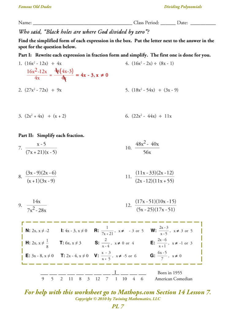 Division Of Polynomials Worksheets