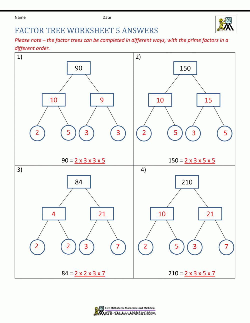 4th Grade Factor Tree Worksheets - FactorWorksheets.com