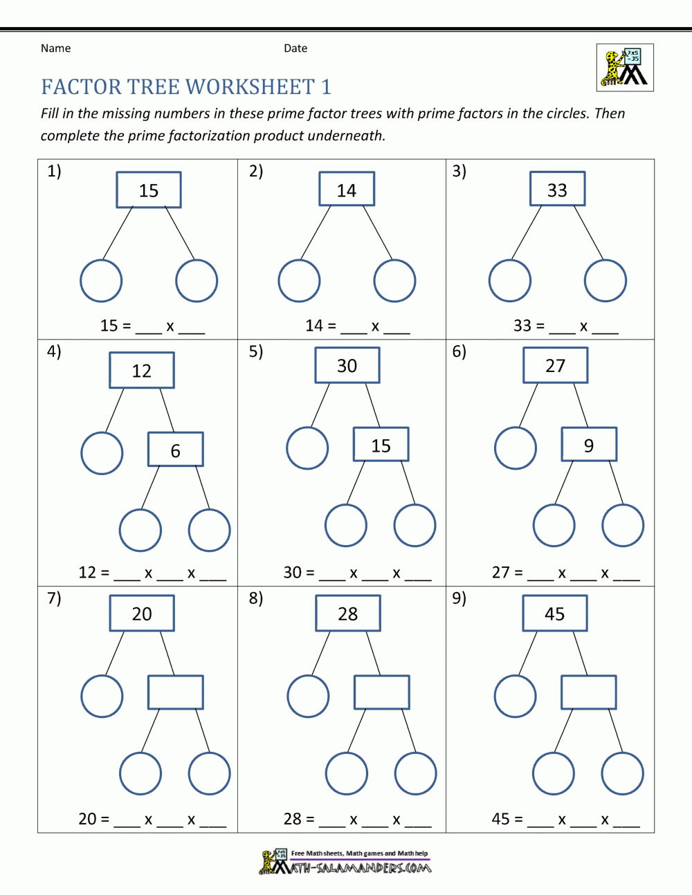 Factor Tree Worksheets Page