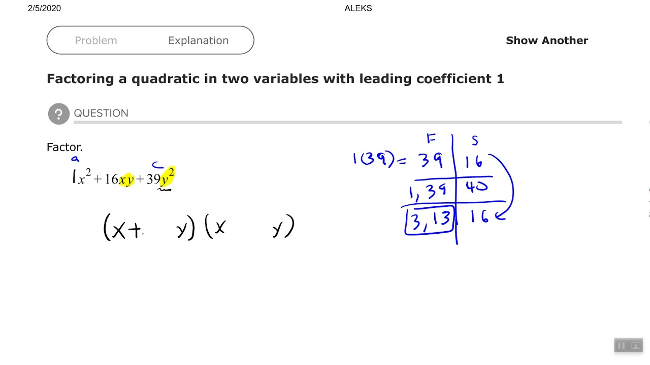 Factoring A Quadratic In Two Variables With Leading Coefficient 1 YouTube