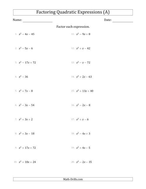 Factoring Monic Quadratic Trinomials Worksheet Pdf