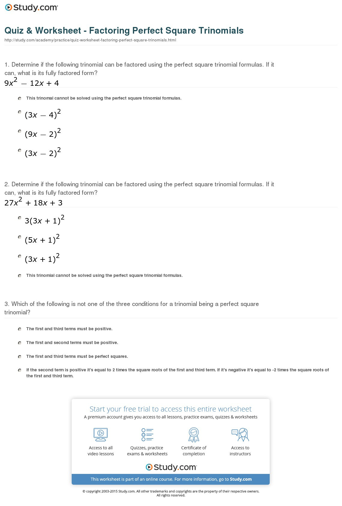 Factoring Perfect Square Trinomials Worksheet Upgreen