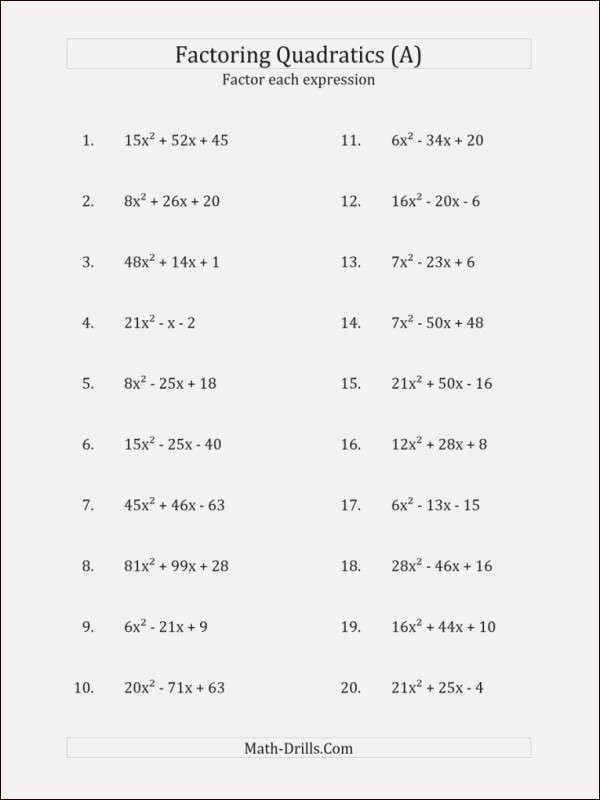 Factoring Quadratic Expressions Worksheet Factoring Practice Worksheet