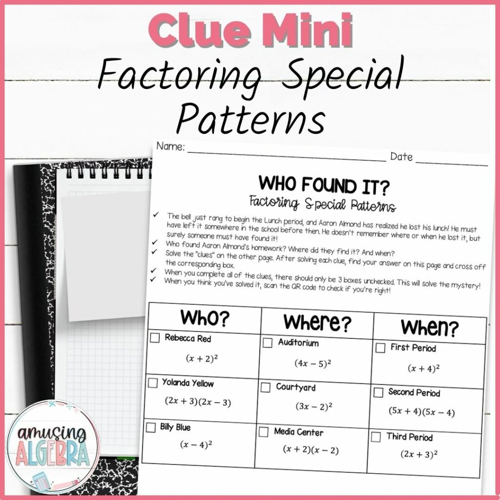 Factoring Quadratics Special Patterns Clue Mini Mystery Activity Made 