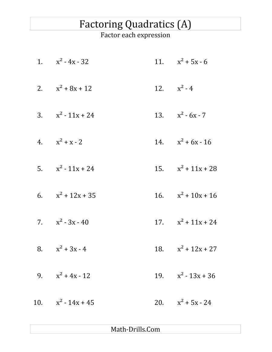 Factoring Quadratics Worksheet Math Drills