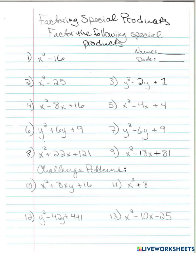 Factoring Special Products Worksheet