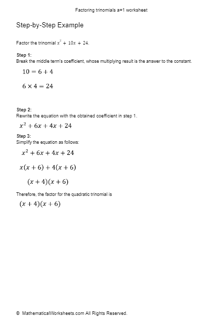 Factoring Trinomials A 1 Worksheet Mathematicalworksheets