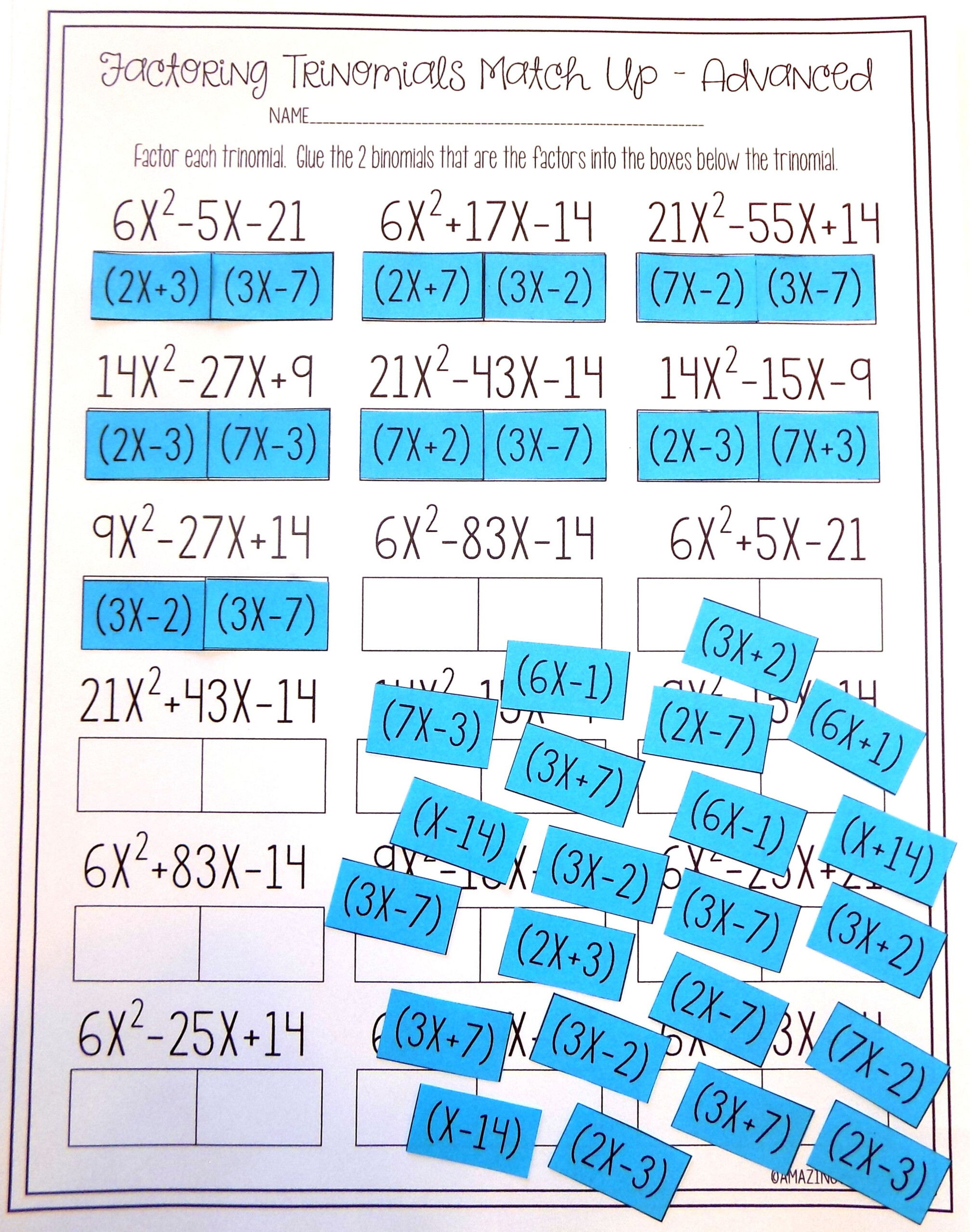 Factoring Trinomials Puzzle Worksheet