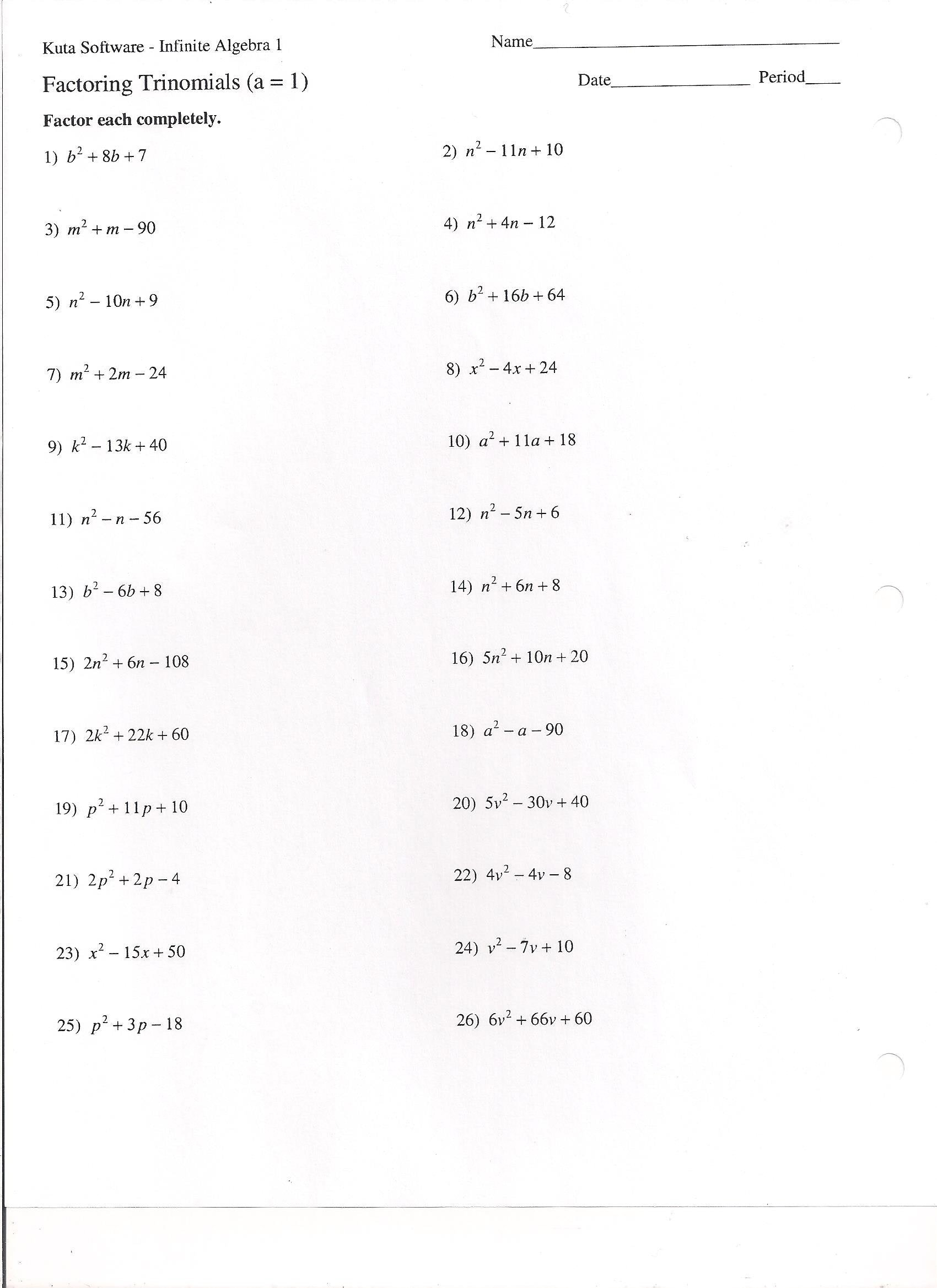 Factoring Trinomials Worksheet Algebra 2 Factoring Trinomials a 1 