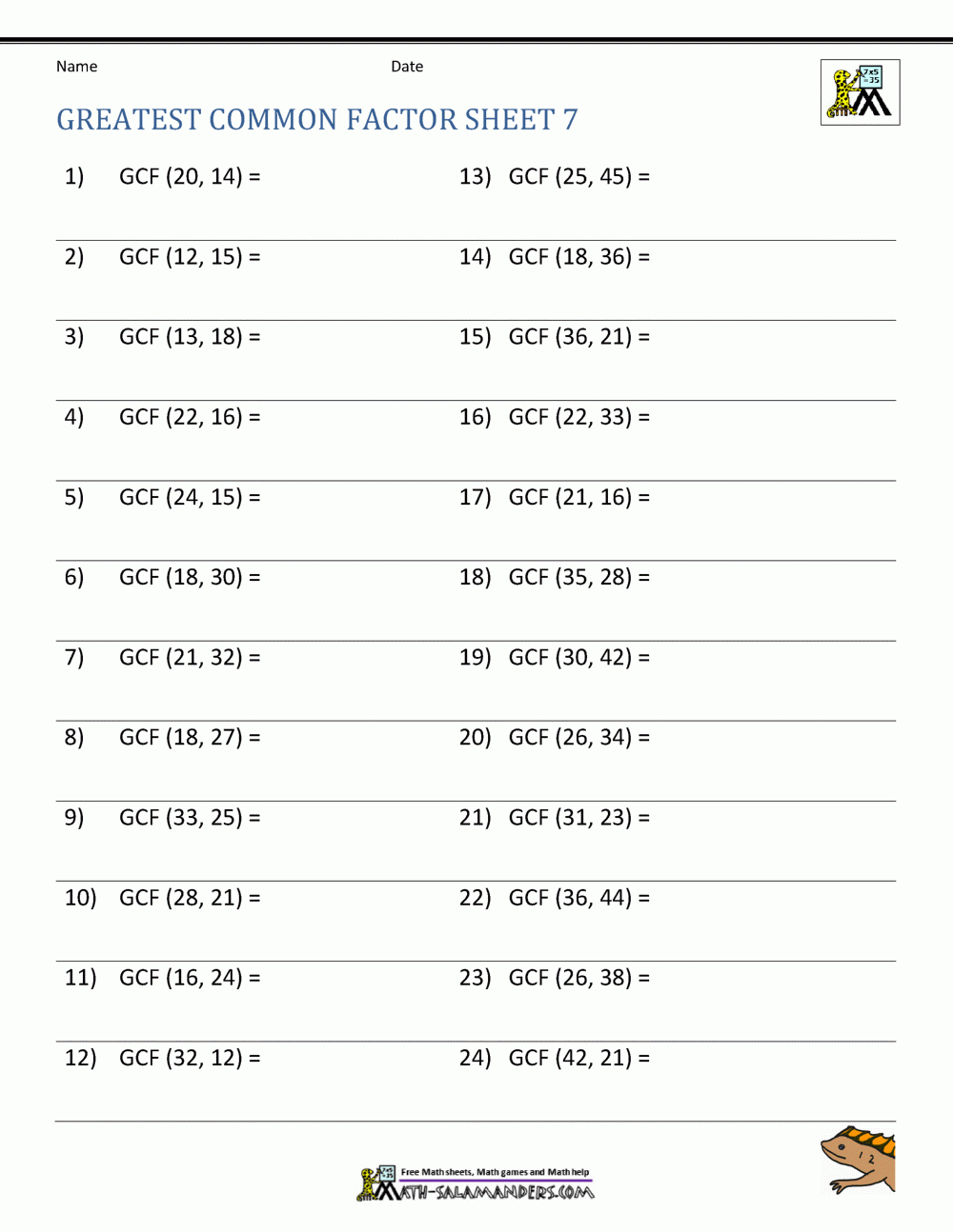 Grade 5 Factoring Worksheets Greatest Common Factor Of Two Numbers K5 