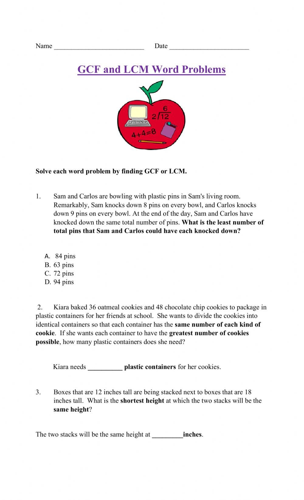 highest common factor word problems worksheets