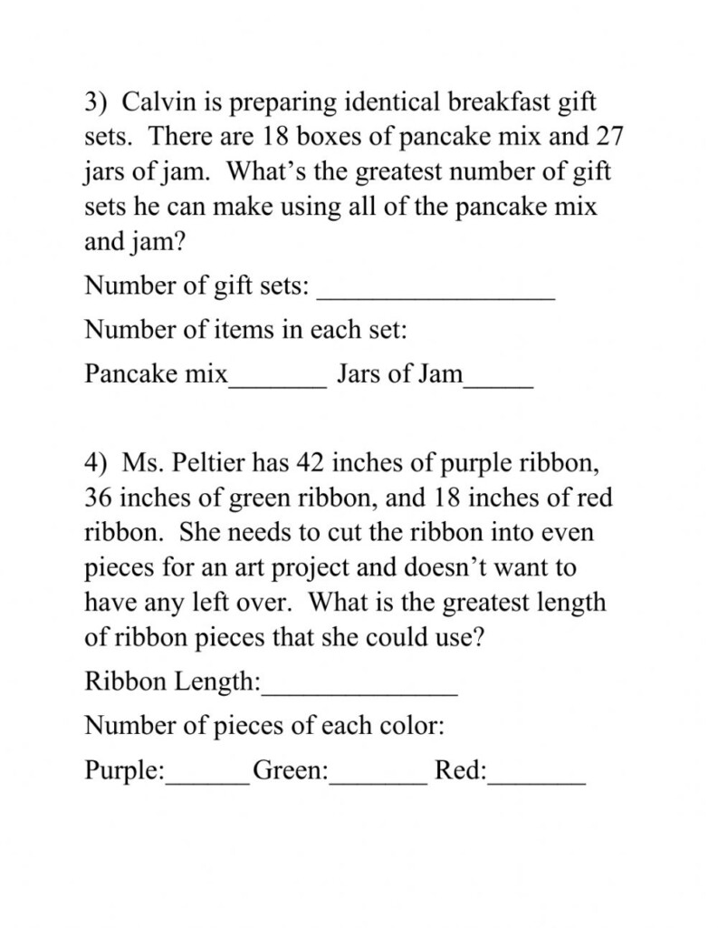 Greatest Common Factor Word Problems GCF Worksheet