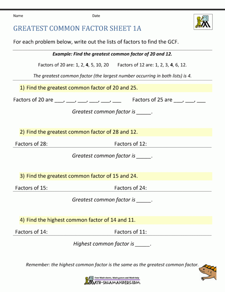 Greatest Common Factor Worksheet