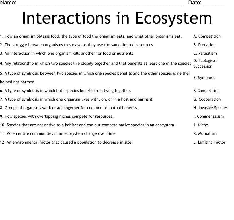 Interactions In An Ecosystem Worksheet