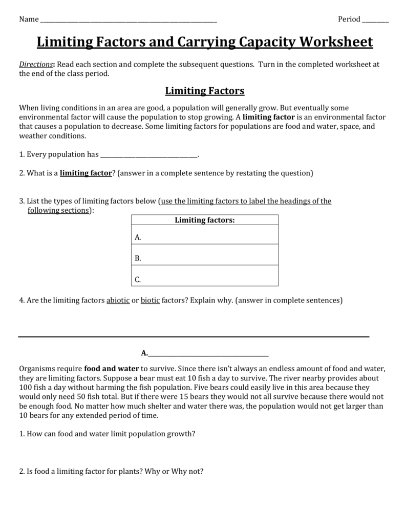 Limiting Factors And Carrying Capacity Worksheet