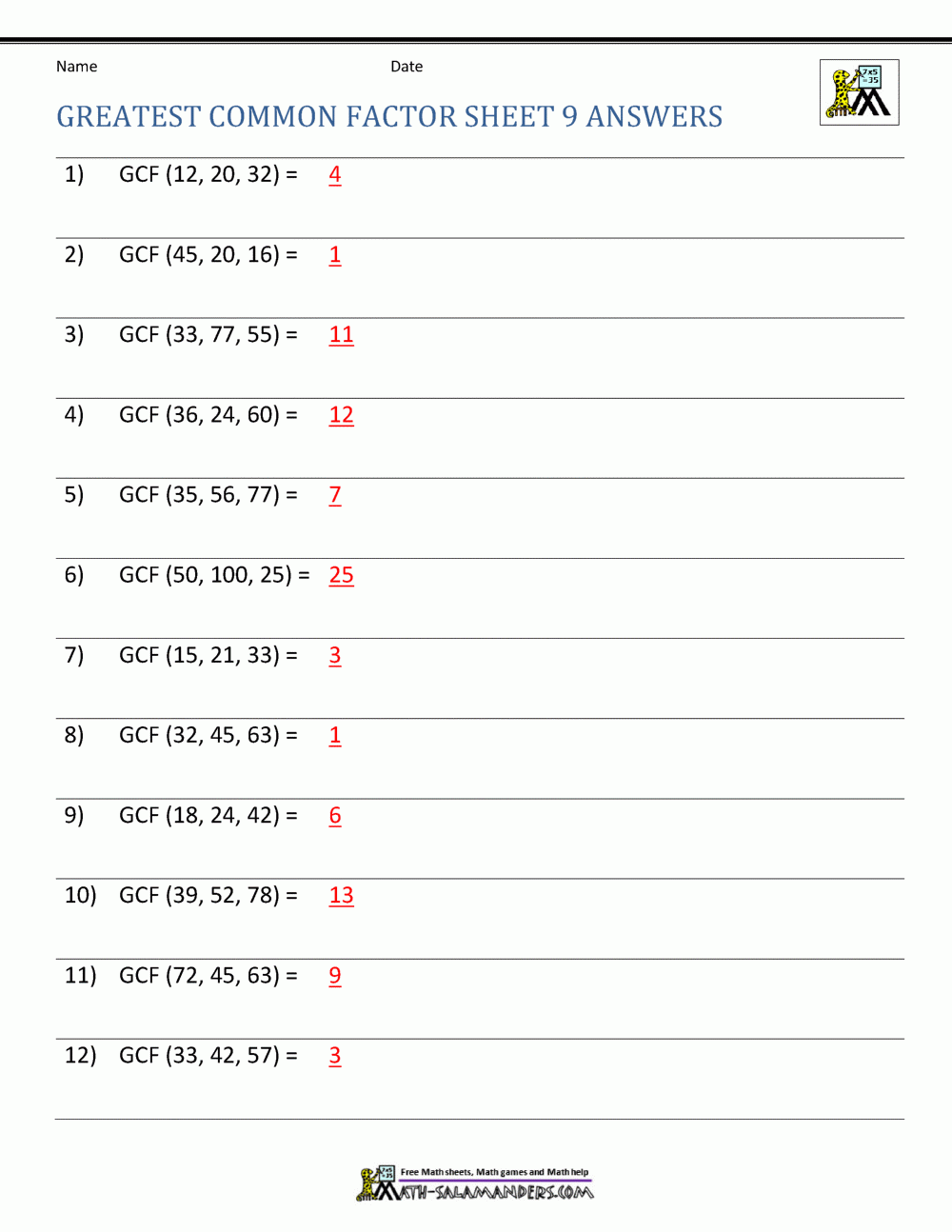 Math Worksheet Gcf Lcm Answers