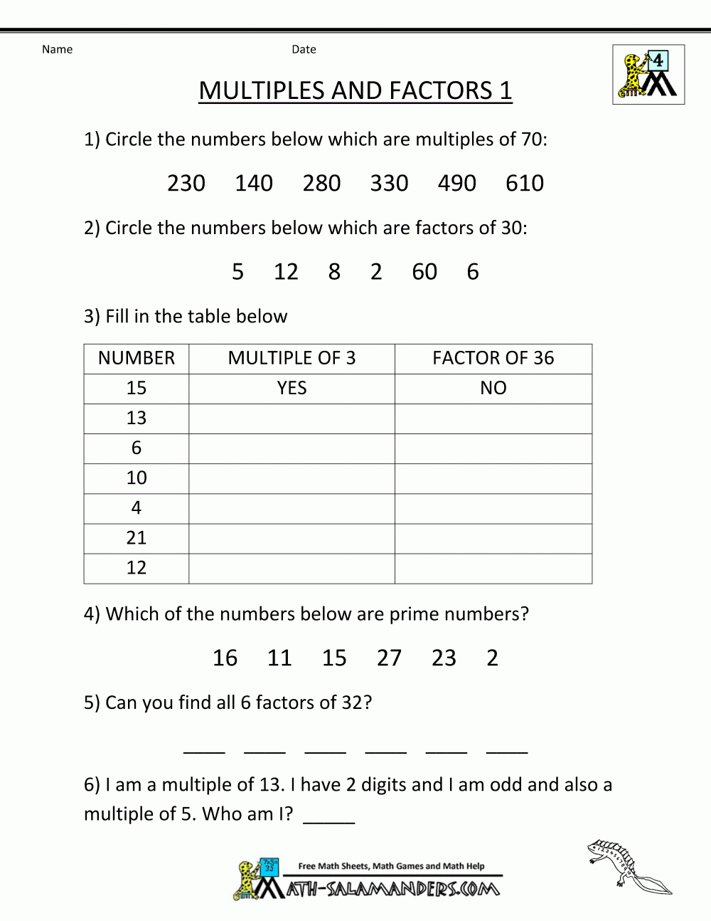 Maths Worksheets For Grade 5 Factors And Multiples Times Tables 