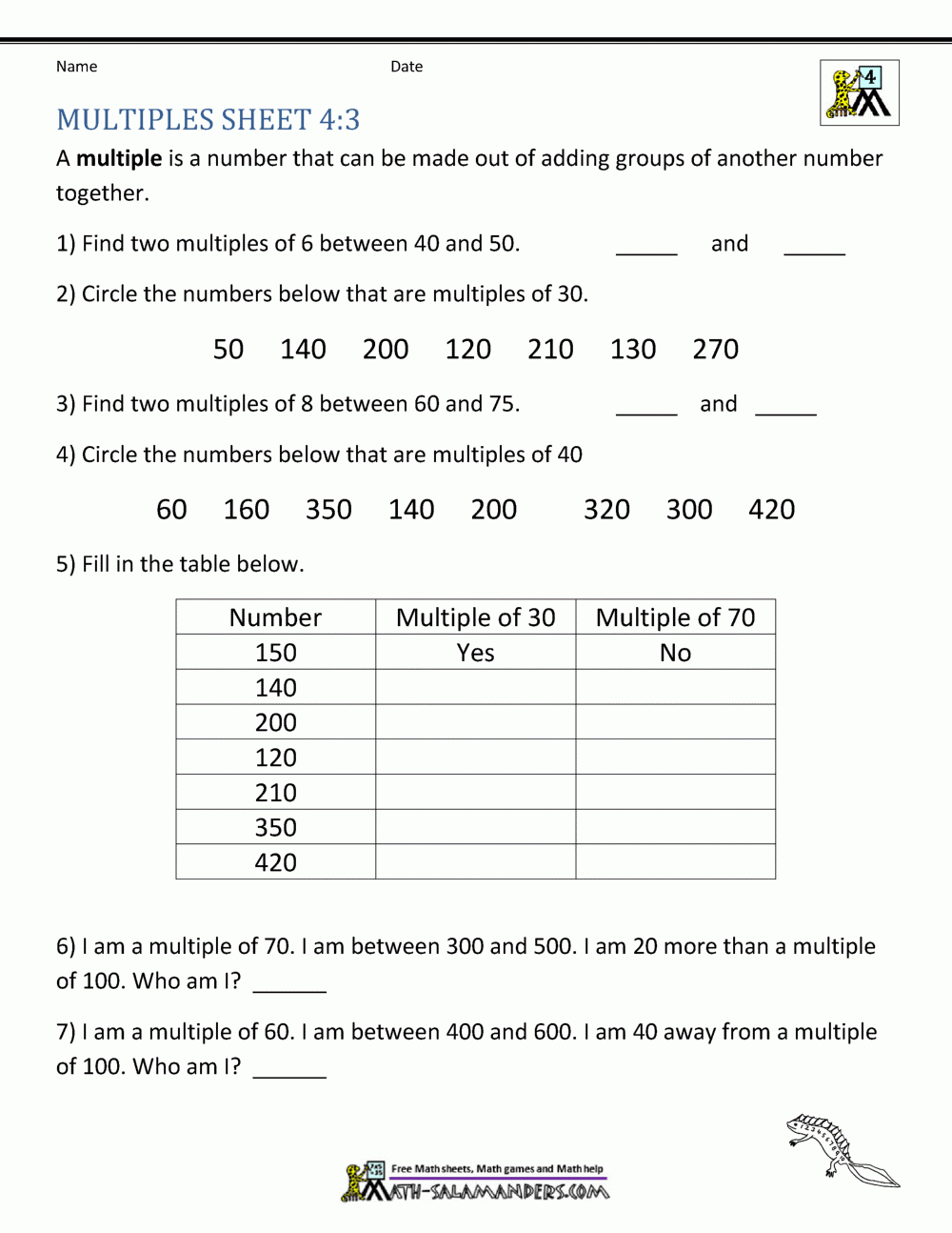 Maths Worksheets For Grade 5 Factors And Multiples Times Tables 