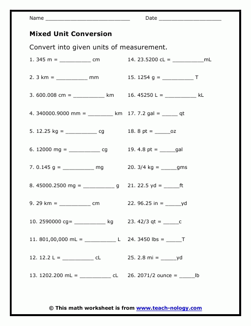 Mixed Unit Conversion Within Unit Conversion Worksheet Chemistry 