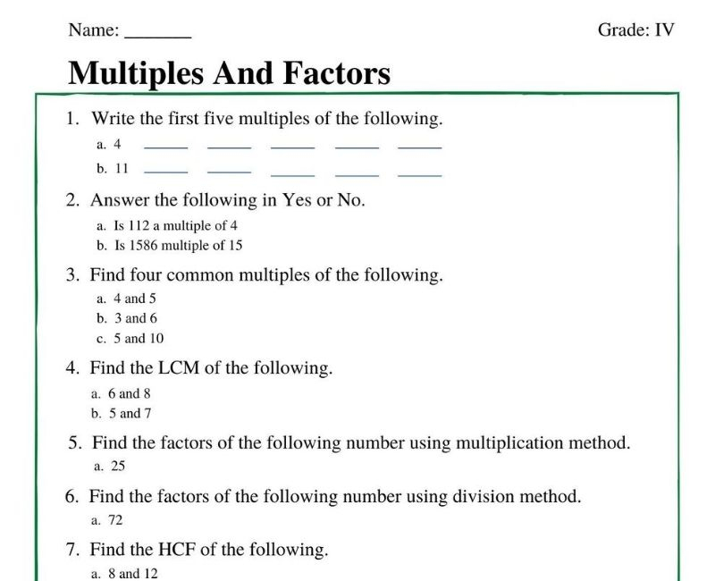 Multiples And Factors Worksheets For Grade 4