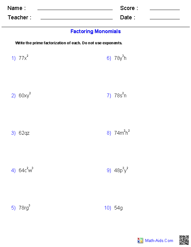 Pre Algebra Worksheets Monomials And Polynomials Worksheets