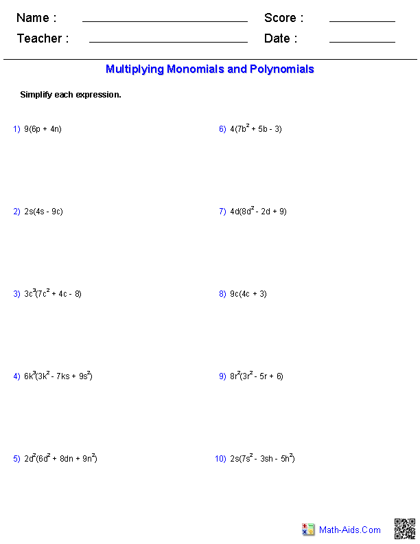 Pre Algebra Worksheets Monomials And Polynomials Worksheets