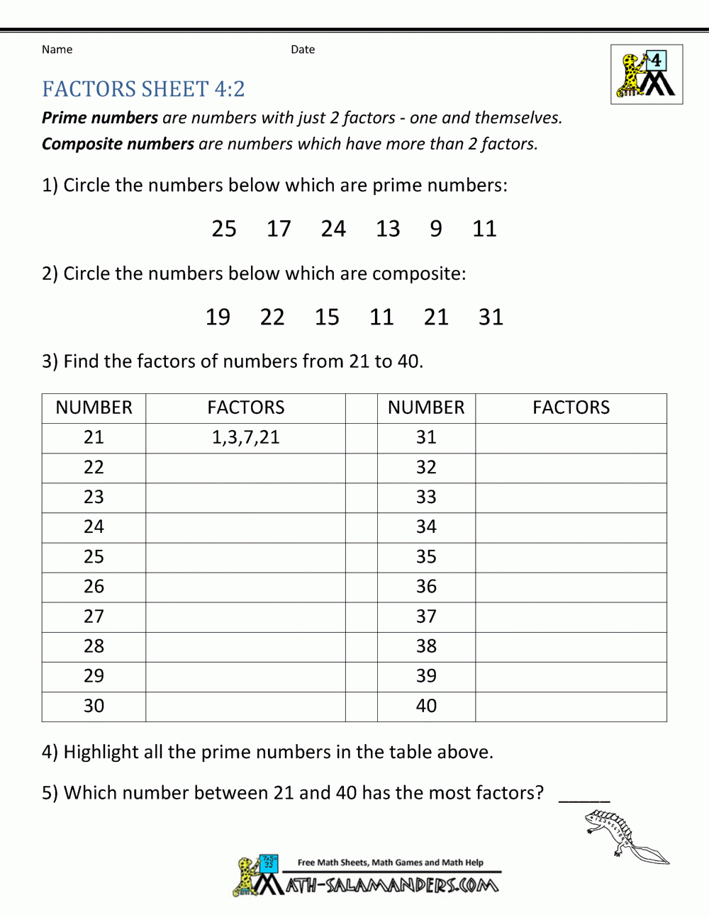 Quiz 4Th Grade Factors And Multiples Worksheets For Grade 4