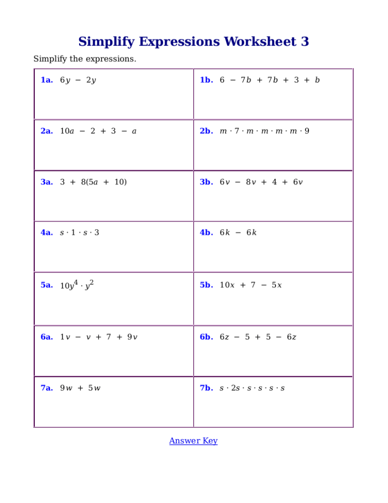 Simplifying Algebraic Expressions Worksheet Free Printable Unitary