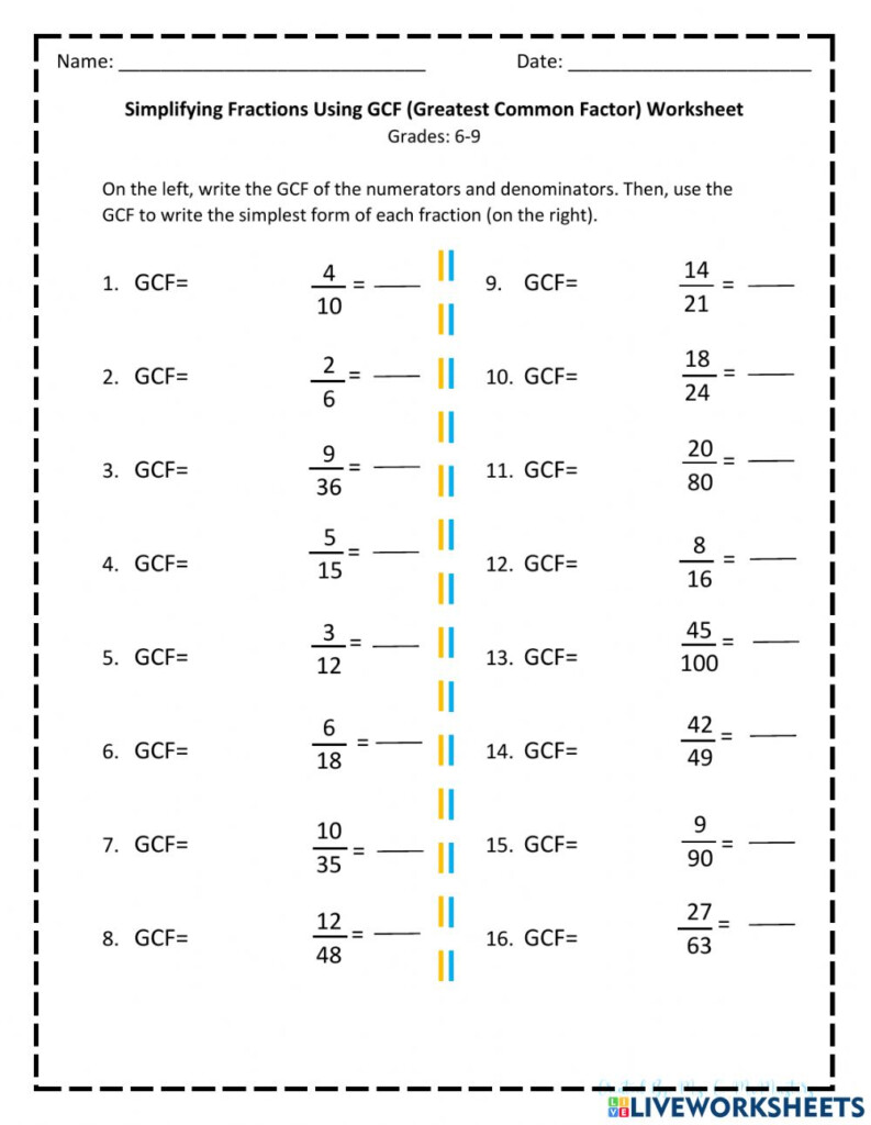 Simplifying Fractions Using GCF Worksheet