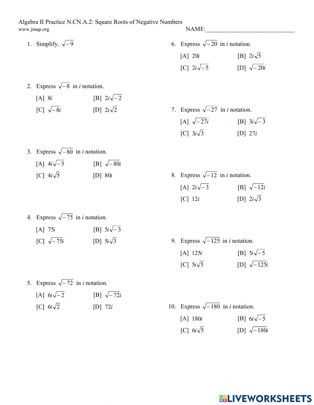 Simplifying Imaginary Numbers Worksheet