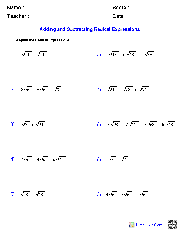Simplifying Radical Expressions Worksheet Chipola Answers Billy Bruce