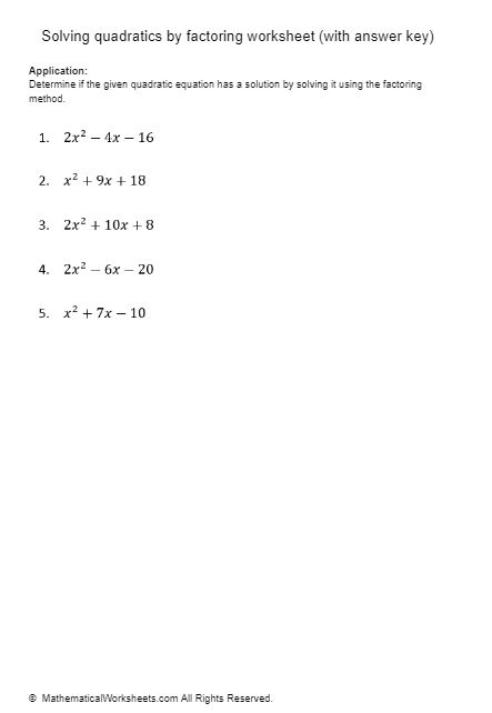 Solving Quadratics By Factoring Worksheet with Answer Key 