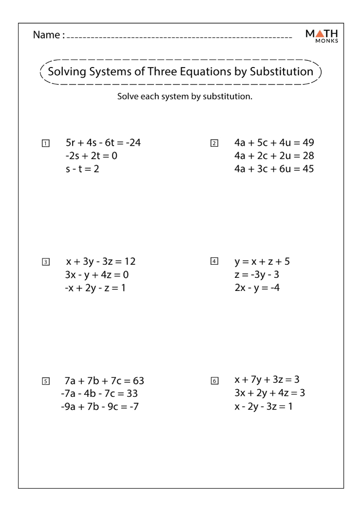 Solving Systems Of Equations By Substitution Worksheets Math Monks