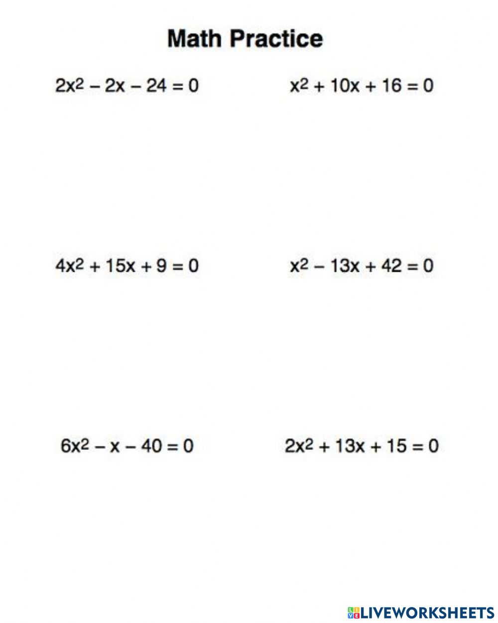 The Quadratic Formula Worksheet