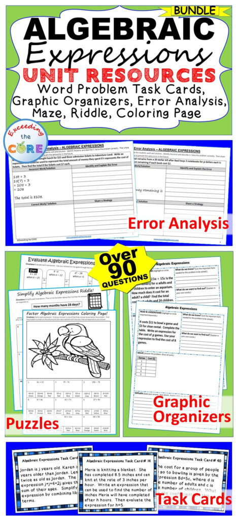 ALGEBRAIC EXPRESSIONS Bundle Error Analysis Task Cards Word Problems 