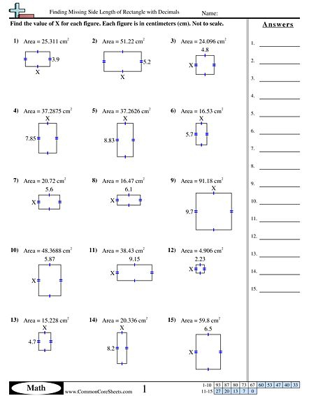 Area Perimeter Worksheets Finding Missing Side Length Of Rectangle 