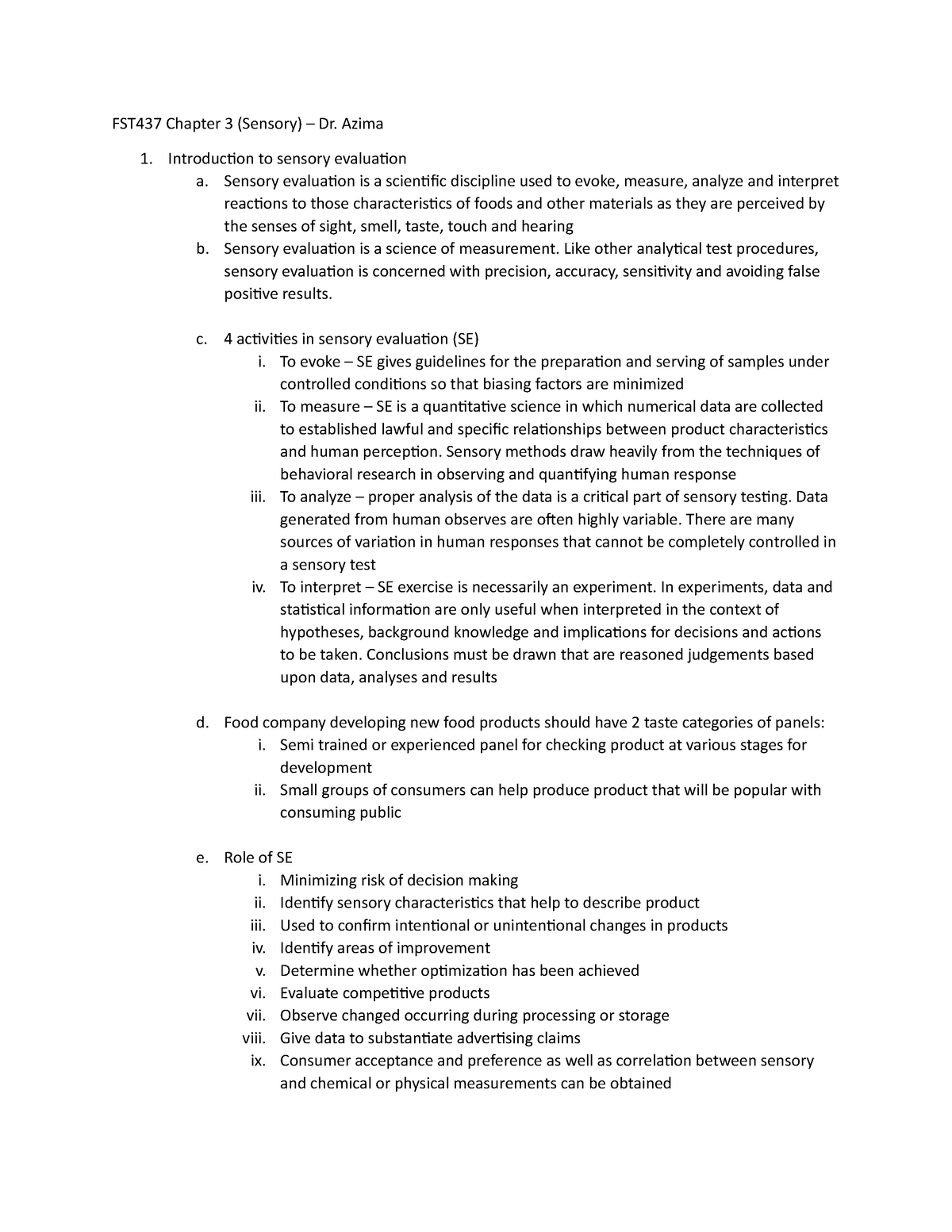 Chapter 3 Sensory Evaluation Stage FST437 Chapter 3 Sensory Dr 