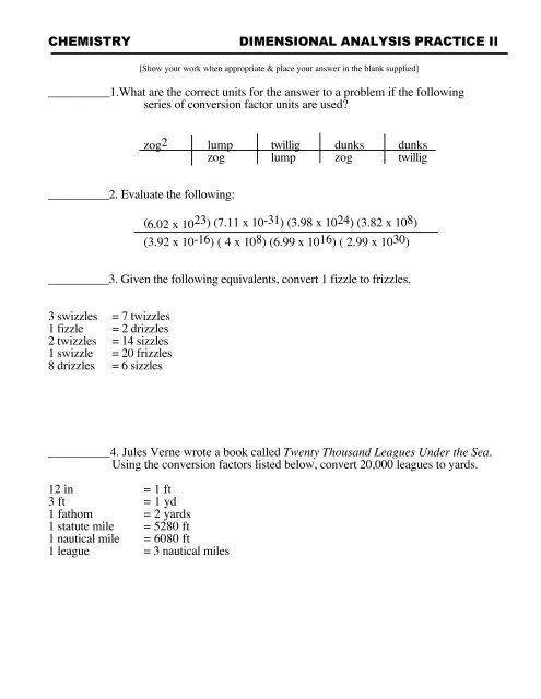 Chemistry Worksheet Dimensional Analysis Problems Kidsworksheetfun