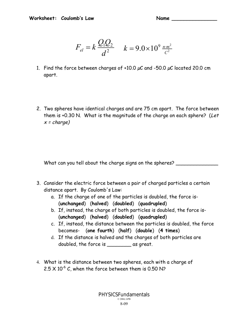 Coulomb s Law Problems Worksheet