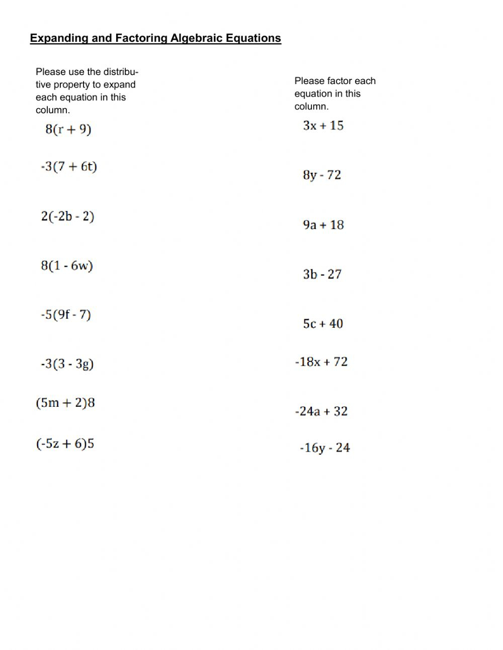 Expanding And Factoring Algebraic Equations Worksheet